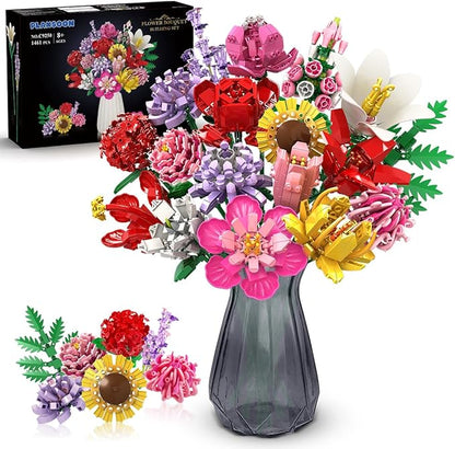 Flower Bouquet Building Set, 1464 PCS Botanical Collection Building Block Toy, 18 Flowers Rose Sunflower Home Plant Decor, Birthday Gifts for Adults Women Boys Girls 8-12+