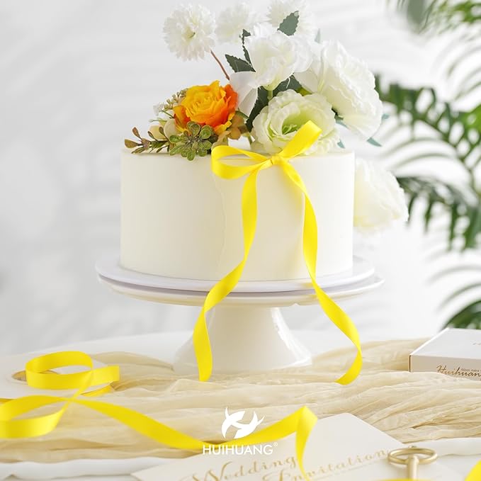HUIHUANG Yellow Ribbon 1/2 inch Continuous 50 Yards Double-Faced Satin Ribbon for Gift Wrapping, Bows, DIY Crafts, Flower Bouquet, Wedding Decor, Holiday Decor