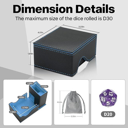 Dice Roller Tower, Premium DND Magnetic Dice Tray, Foldable PU Leather Dice Tower RPG Gifts for Dungeons and Dragons MTG Dm & Player Black/Blue
