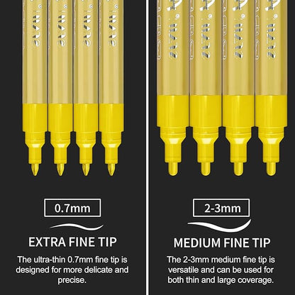 SFAIH Acrylic Gold Paint Pens - 8 Pack 2-3MM Medium Tip & 0.7MM Extra Fine Gold Markers Permanent for Rock, Wood, Metal, Fabric, Plastic, Glass, Ceramic, Diy Crafts, Large Ink Capacity, High Coverage