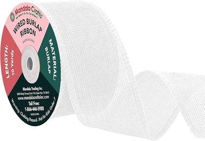 Mandala Crafts White Burlap Wired Ribbon 2 Inches Wide Jute Ribbons for Crafts - 10 Yds Roll Rustic Burlap Wrap Trim Ribbons for Wreaths Bows Party Decoration