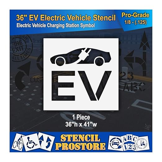 Pavement Stencils - 36 in - Electric Vehicle Silhouette with Plug and EV Letters - 35'' x 41'' x 1/8" (128 mil) - Pro-Grade