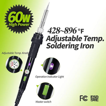 YIHUA 947-III Soldering Iron Kit with Temperature Stabilization, On-off Switch, 60W Portable Soldering Iron Kit with Holder, Tip Cleaner, Cleaning Sponge, 110V US Plug