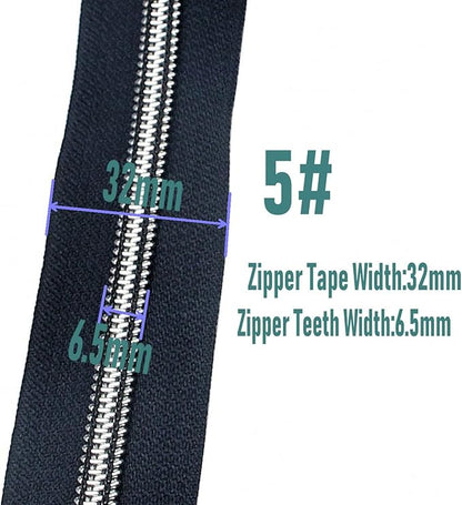 Leekayer #5 Silver Metallic Nylon Coil Zippers by The Yard Bulk 10 Yards Zipper Tape with 25pcs Silver Sliders for DIY Sewing Tailor Craft Bag (Navy Black)