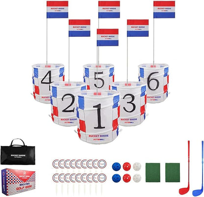 Bucket Birdie Backyard Golf Game — 6 Hole Yard Game with Adjustable Clubs, Flags, Balls, Turf Mats, and Carry Bag — Outdoor Golf Bucket for Adults and Kids