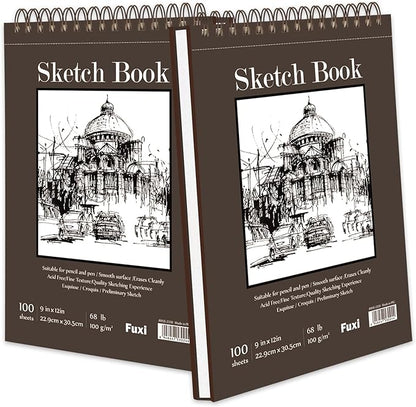 9" x 12" Sketch Book, Top Spiral Bound Sketch Pad, 2 Packs 100 Sheets Each (68lb/100gsm), Acid Free Art Sketchbook Artistic Drawing Painting Writing Paper for Kids Adults Beginners Artists