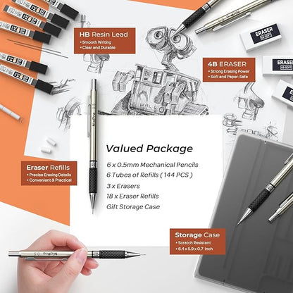 Nicpro 0.5 mm Art Mechanical Pencils Set in Gift Case, 6 PCS Metal Drafting Pencil 0.5mm with 6 Tube HB Lead Refills & 18 PCS Eraser Refills for Adults, Children, Artist Writing, Drawing, Sketching