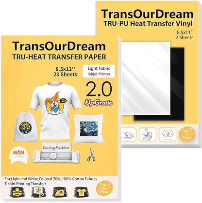 TransOurDream Tru-Iron on Heat Transfer Paper for Light Fabric (20+2 Sheets, 8.5x11") Printable Iron on Transfers Paper for Inkjet Printer & Heat Transfer Vinyl for T Shirts (L2-BW-22)