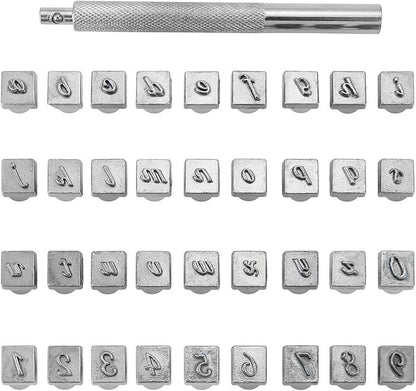 Yoption 37 Pieces Leathercarft Stamping Tool Set, 26 Letters Alphabet & 10 Numbers Stamps Steel Punch Tool 3mm+1 Stamping Handle for Leather Craft