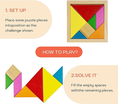 6 PCS Wooden Tangrams Puzzles for Kids, Wooden Hexagon Toddlers Puzzles Block Geometric Brain Teaser Wood Puzzle Tangram Logic IQ Toy Gifts for All Ages Boys Girls Adults Intelligence
