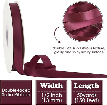 HUIHUANG Burgundy Satin Ribbon 1/2 inch X 50 Yards Continuous, Maroon Double-Faced Satin Ribbon for Gift Wrapping, Bows, DIY Crafts, Flower Bouquet, Wedding, Christmas Decor, Birthday