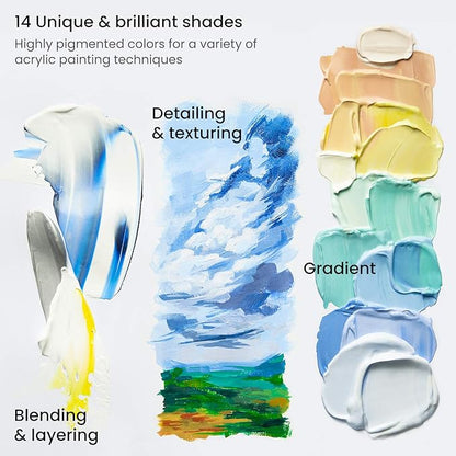 ARTEZA Acrylic Paint Set of 14 Colors, 4.06 Ounce Tubes, Non-Toxic Acrylic Artist Paints. Art Supplies for Painting