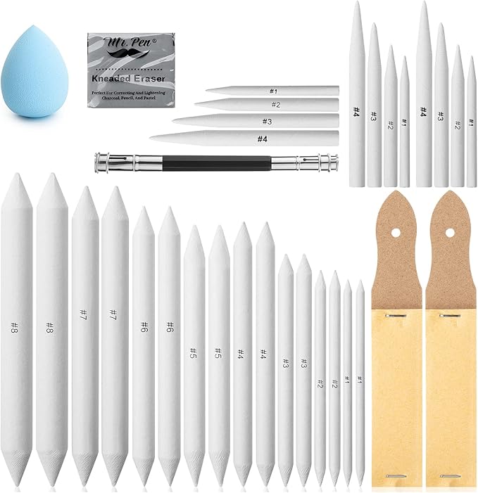 Mr. Pen- Blending Stump, 33 pcs, Blending Stumps for Drawing, Shading Pencils for Sketching, Blending Pencil, Tortillions, Sandpaper Sharpeners, Pencil Extension Tool, Kneaded Eraser, Rub Sponge