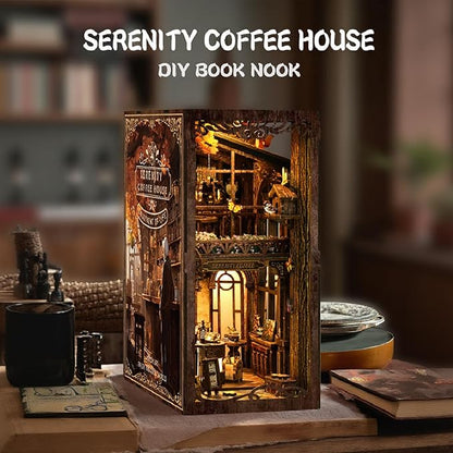 [2025 New] Coffee House Book Nook Kit with Dust Cover & LED Light, DIY Miniature House Kit Toy, 3D Wooden Puzzle Bookshelf Decor Building Kit, Birthday Gifts for Family & Friends