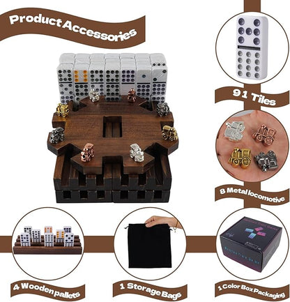 Mexican Train Dominoes Set with Wooden Hub, 91 Domino Tile Board Games Includes Metal Train Markers Color Dot Double Twelve Set with 4 Woodentile Rack for Family Game Night(Burnt Color)