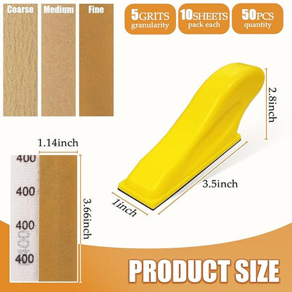 Mini Sander Kit of Detail Hand Sanding Tools and 50 PCS 80/120/180/240/400 Grit Wet Dry Sandpaper Assortment Pack for Wood Furniture, Small DIY Projects and Crafts Polishing