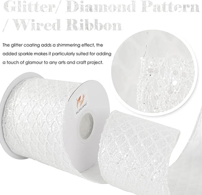 HUIHUANG White Glitter Wired Ribbon, 4 Inch x 30 Ft, Geometric Pattern, Polyester Material, Christmas Occasion