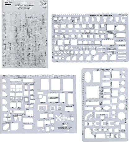 Mr. Pen- House Plan, Interior Design and Furniture Templates, Drafting Tools and Ruler Shapes for Architecture - Set of 3