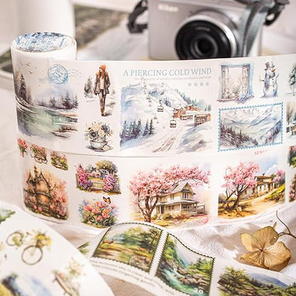 6 Rolls Seasonal Landscape Washi Tape Set, Nature-Inspired Stickers for Journaling, Scrapbooking, and DIY Crafts, with Decorative Clip