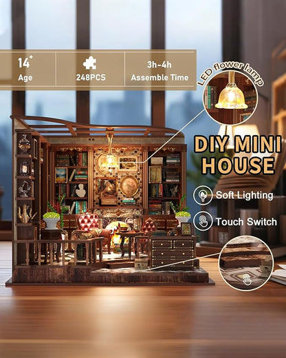 Book Nook Kit - DIY Miniature House Dollhouse 3D Puzzles for Adults and Teens - Gifts for Family and Friends Bookshelf Decor Tiny House Model Build with LED Light (AW02-001)