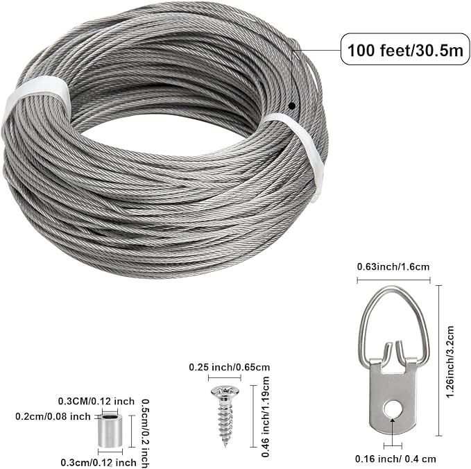 Picture Hanging Wire Kit, 100 FT Braided Hanging Wire, 60pcs D Ring Picture Hangers , 60pcs Aluminum Crimping Loop Sleeve, 60pcs Screws, for Hanging Pictures Painting Hanging Kit Photo Frames