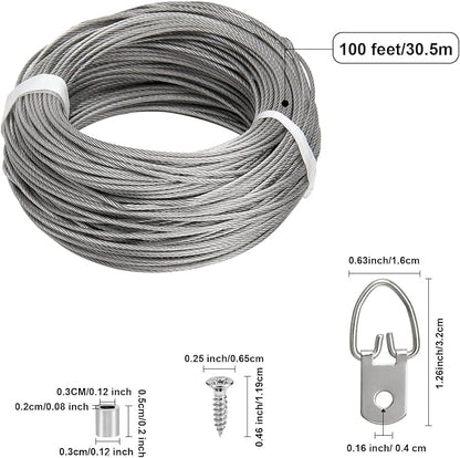Picture Hanging Wire Kit, 100 FT Braided Hanging Wire, 60pcs D Ring Picture Hangers , 60pcs Aluminum Crimping Loop Sleeve, 60pcs Screws, for Hanging Pictures Painting Hanging Kit Photo Frames