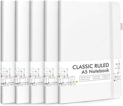 feela 5 Pack Notebooks Journals Bulk, Hardcover Notebook Classic Ruled Lined Journals with Pen Holder for Women Girls School Business Supplies, with 5 Black Pens, 120 GSM, 5.1”x8.3”, A5, White