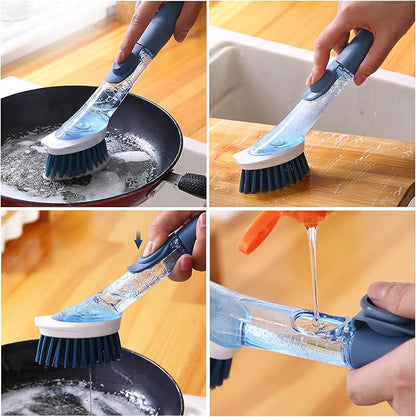 Soap Dispensing Dish Brush with 4 Replaceable Heads, Updated No Leaking Soap Dish Scrubber Soap Dispenser, Kitchen Dish Brush with Soap Dispenser for Pot Pan Sink Cleaning(Blue)