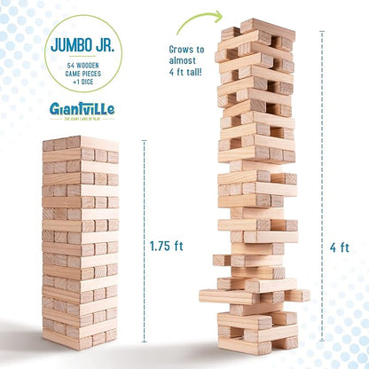 Giantville Giant Tumbling Timber Toy - Premium Pine Wood Life-Size Blocks Tower - Big Floor/Board Indoor/Outdoor Yard Game for Kids & Adults - 54-Pieces + Dice + Carry Bag - Grows to Almost 4-Feet