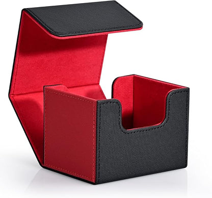 ZLCA Card Deck Box for Trading Cards, MTG Commander Deck Box Holds 120+ Single Sleeved, Leather Magnetic Card Storage Case Fits for TCG CCG Magic (Red& Black)