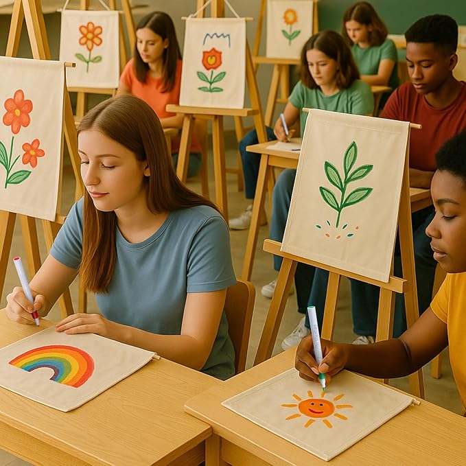 Mindsoft 48 Pcs Blank Canvas Banner Bulk Color Your Own Vertical Banner with Hanger with 12 Colorful Fabric Markers Pens Wall Display Banners for DIY 24 Students Paint Art Classroom School Camp Party