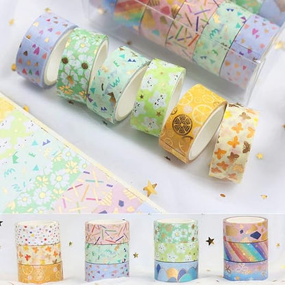 Candy Color Washi Tape Set 12 Rolls Bronzing Decorative Holiday Arts and Craft Washi Masking Tapes for Scrapbooking,Bullet Journal, Planner,Gift Wrapping, Stationery