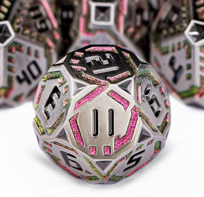 Metal DND Sci-fi Dice Set 7PCS Stripe Polyhedral Dice for Dungeons Dragons RPG Role Playing Game, Glitter D and D Dice with Gift Box D6 D8 D10 D12 D20 (Grey&Purple Red)