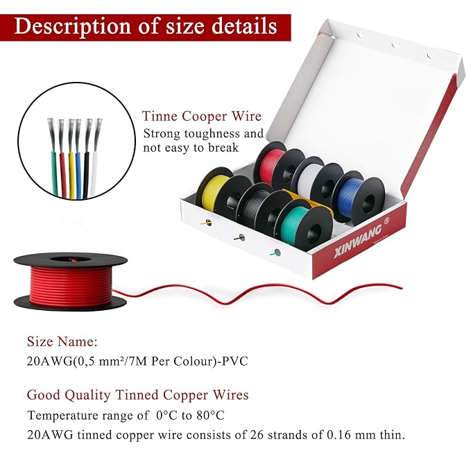 20 Gauge Electrical Wire,20 awg Wire-XINWANG 20 Gauge Stranded Tinned Copper Wire with PVC Insulation(OD:1.8 mm) 6 Colors,23ft Each, Hook Up Wire Kit