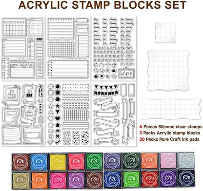 29 Pcs Journal Stamps for Crafting Card Making Supplies Set Include 3 Acrylic Clear Stamp Blocks, 6 Clear Silicone Stamps Seals, 20 Craft Ink Pads Calendar Planner Stamp for DIY