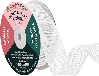 Mandala Crafts White Burlap Wired Ribbon 1 Inches Wide Jute Ribbons for Crafts - 10 Yds Roll Rustic Burlap Wrap Trim Ribbons for Wreaths Bows Party Decoration