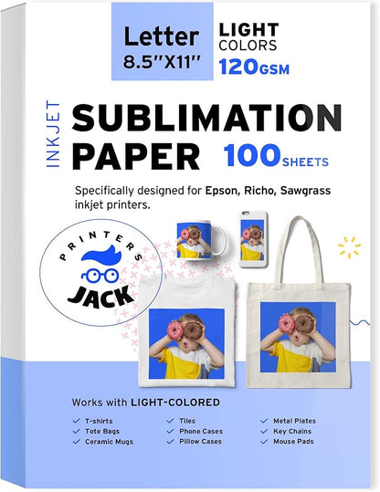 Printers Jack Sublimation Paper - 8.5 x 11 Inches, 100 Sheets 120gsm for Any Epson Sawgrass Inkjet Printer with Sublimation Ink, Heat Transfer Sublimation Paper for T-shirt, Mugs, Light Fabric