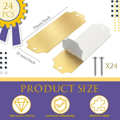24 Pcs Personalized Name Plates Laser Engraved 1" x 3" Solid Brushed Metal Plaque Trophy Plate Blank Name Tag with Adhesive Backing and Screws for DIY(Gold,Notched Corner)