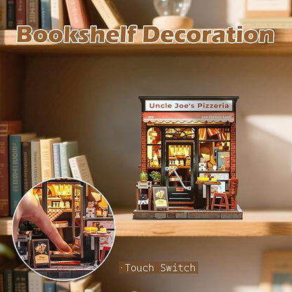 Fsolis Book Nook Kit - 3D Wood Puzzles for Adults, 285 pcs, DIY Bookshelf Scene Miniature Kit, Tiny House Mini Craft Model Gifts for Women (Uncle Joe's Pizzeria)