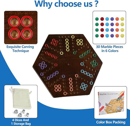 Wahoo Marble Board Game Thicken Wood 4 and 6 Players Fast Track Board Game 2 Sided Painted Perfect Game for Family Friends Party (Rustic Brown)