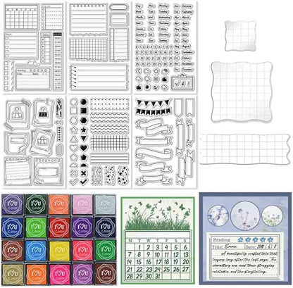 29 Pcs Journal Stamps for Crafting Card Making Supplies Set Include 3 Acrylic Clear Stamp Blocks, 6 Clear Silicone Stamps Seals, 20 Craft Ink Pads Calendar Planner Stamp for DIY