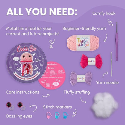 Cookie Box Crochet Kit for Beginners – Gift Set to Make Jellyfish Jenny Amigurumi Plushie – Easy DIY Crochet & Knitting Starter Kit with Video and PDF Tutorials