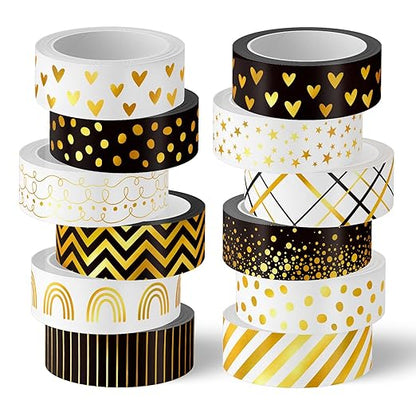 Whaline 12 Rolls Gold Foil Pattern Washi Tape Heart Dot Stripe Rainbow Masking Tape Set Decorative Wrapping Paper Tapes for Scrapbook Journal DIY Art Crafts