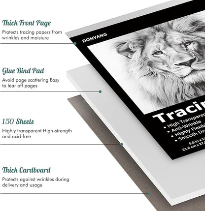 Tracing Paper 8.5x11 inch, 150 Sheets Transparent Vellum Paper for Tracing Pads, Translucent Tracing Paper for Pencil, Marker and Ink - Trace Images, Sketch, Preliminary Drawing, Overlays, Black