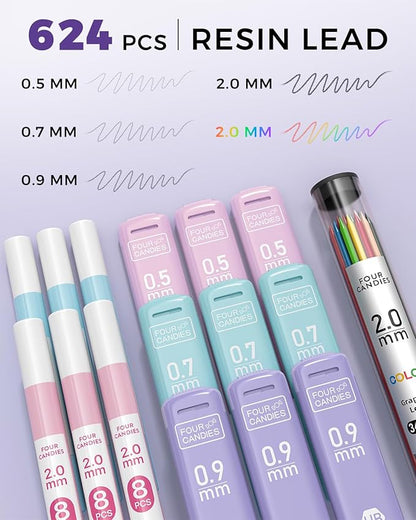 Four Candies 36PCS Aesthetic School Supplies, Mechanical Pencil Set 0.5mm, 0.7mm, 0.9mm & 2.0mm with 624 Lead Refills, Back to School Supplies for Writing & Drawing, Ideal Stationary Set Gift (Purple)