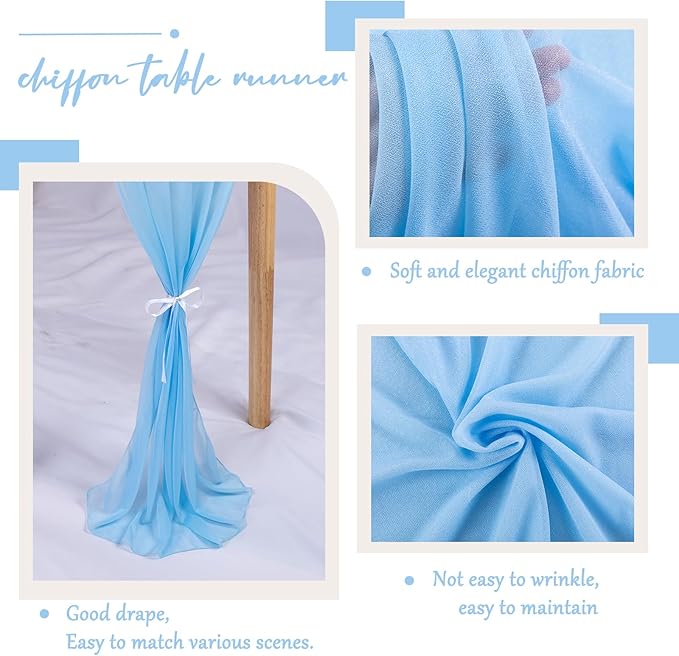 30 x 120 Inches Baby Blue Chiffon Table Runner 10ft Boho Gauze Table Runner for Wedding Decor, Rustic 120inch Long Table Runner for Wedding Bridal Baby Shower Party Decorations