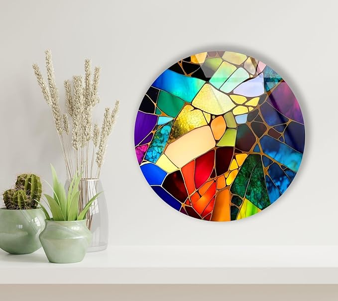 My Photostation.com 27.5''(70cm) Diameter Multicolor Round Stained Glass Wall Art Vibrant Mosaic Abstract Panel Tempered Glass Printing Wall Decor Large Wall Art Wall Hangings