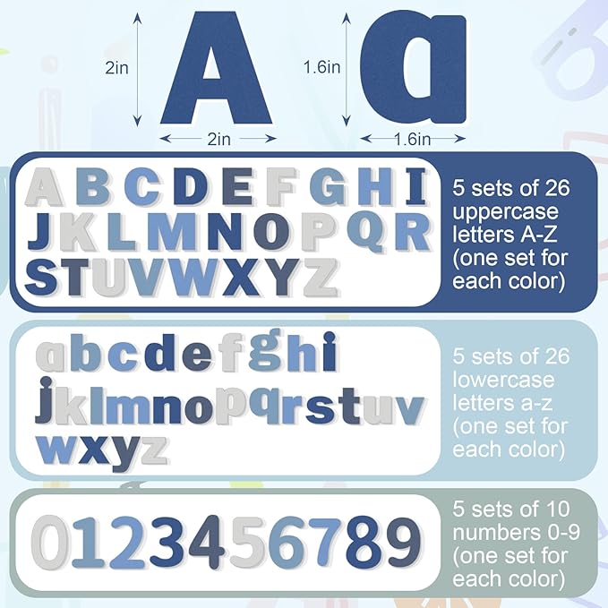 Breling 310 Pieces Felt Bulletin Board Letters Sticker with Number, 2" Bulk Self Adhesive ABC Upper Lowercase Sticky Letter for Christmas Gift Poster Bulletin Board Classroom(Blue Color)