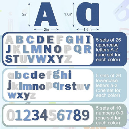 Breling 310 Pieces Felt Bulletin Board Letters Sticker with Number, 2" Bulk Self Adhesive ABC Upper Lowercase Sticky Letter for Christmas Gift Poster Bulletin Board Classroom(Blue Color)