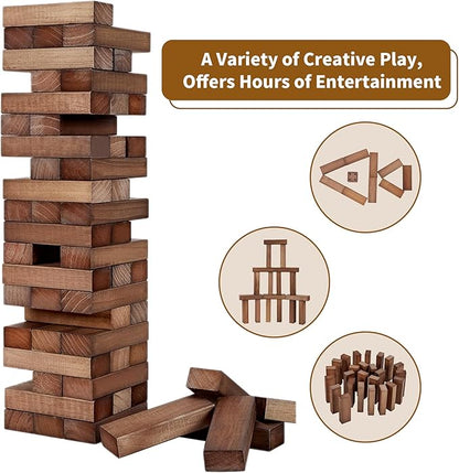 ApudArmis 54 PCS Tumble Timber Set Up to 3.2FT, Pine Wooden Tumble Tower Game with Dice and Scoreboard Set - Classic Block Stacking Board Game for Adults Teenagers (Brown)